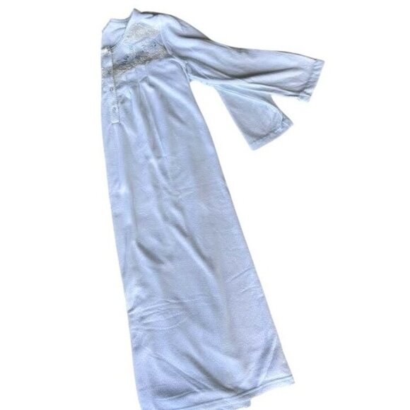 Miss Elaine Maxi Nightgown Small Blue Fleece Embroidered Flowers Lace Buttons - Picture 9 of 12